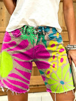 Women's hippie style petal art print fashion denim shorts