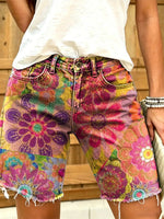 Ethnicity Geometry Flowers Patchwork Women's Art Print Casual Denim Shorts