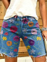 Women's Vintage-Style Floral Art Print Frayed Denim Bermuda Shorts