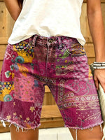 Women's Bohemian Style Patchwork Floral Print Frayed Denim Bermuda Shorts