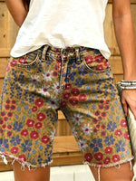 Ethnic floral print women's art print casual denim shorts