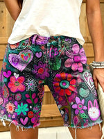 Women's Colorful Floral Print Frayed Hem Denim Shorts