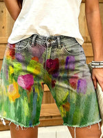 Women's Watercolor Tulip Floral Print Frayed Hem Denim Shorts