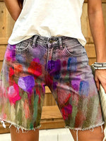 Women's Watercolor Tulip Floral Print Frayed Hem Denim Shorts