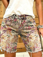 Women's Retro Ethnic Floral Art Print Casual Washed Cotton Shorts