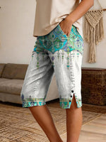 Women's Retro Ethnic Floral Art Print Casual Denim Shorts