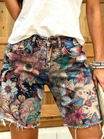 Retro ethnic floral pattern women's art print casual denim shorts