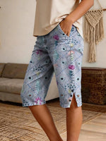 Women's Retro Patchwork Textured Floral Art Print Casual Denim Shorts