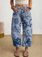 Women's Vintage-style Textured Floral Art Print Casual Cotton Trousers With Pockets.