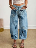 Women's Vintage-style Textured Floral Art Print Casual Cotton Trousers With Pockets.