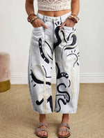 Women's Vintage-style Textured Floral Art Print Casual Cotton Trousers With Pockets.