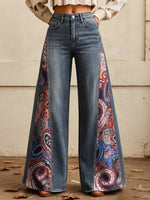Women's Multicolor Paisley Swirl Print Side Panel Wide Leg Jeans