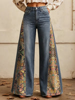 Women's Vintage Paisley Print Side Panel Wide Leg Jeans