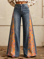 Women's Floral Paisley Print Side Panel Wide Leg Jeans