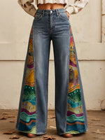Women's Tribal Patchwork Print Side Panel Wide Leg Jeans