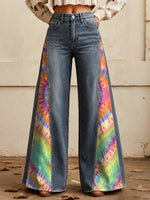 Women's Tie-Dye Print Side Panel Wide Leg Jeans
