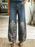 Women's Retro Ethnic Textured Floral Art Print Casual Fashion Washed Cotton Jeans
