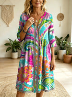 Women's Colorful Ethnic Floral Art Print Casual Cutout Dress