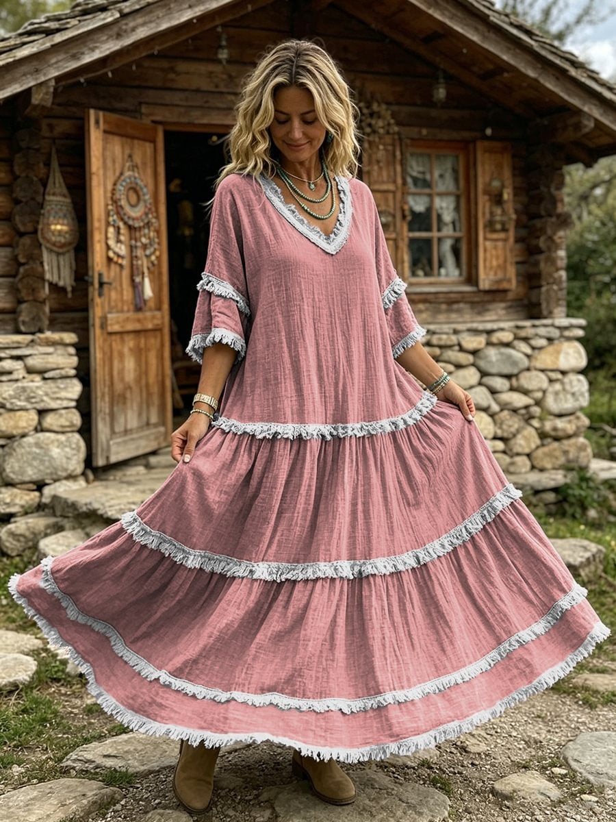 Women's Casual Three-quarter Sleeve V-neck Frayed Edge Dress