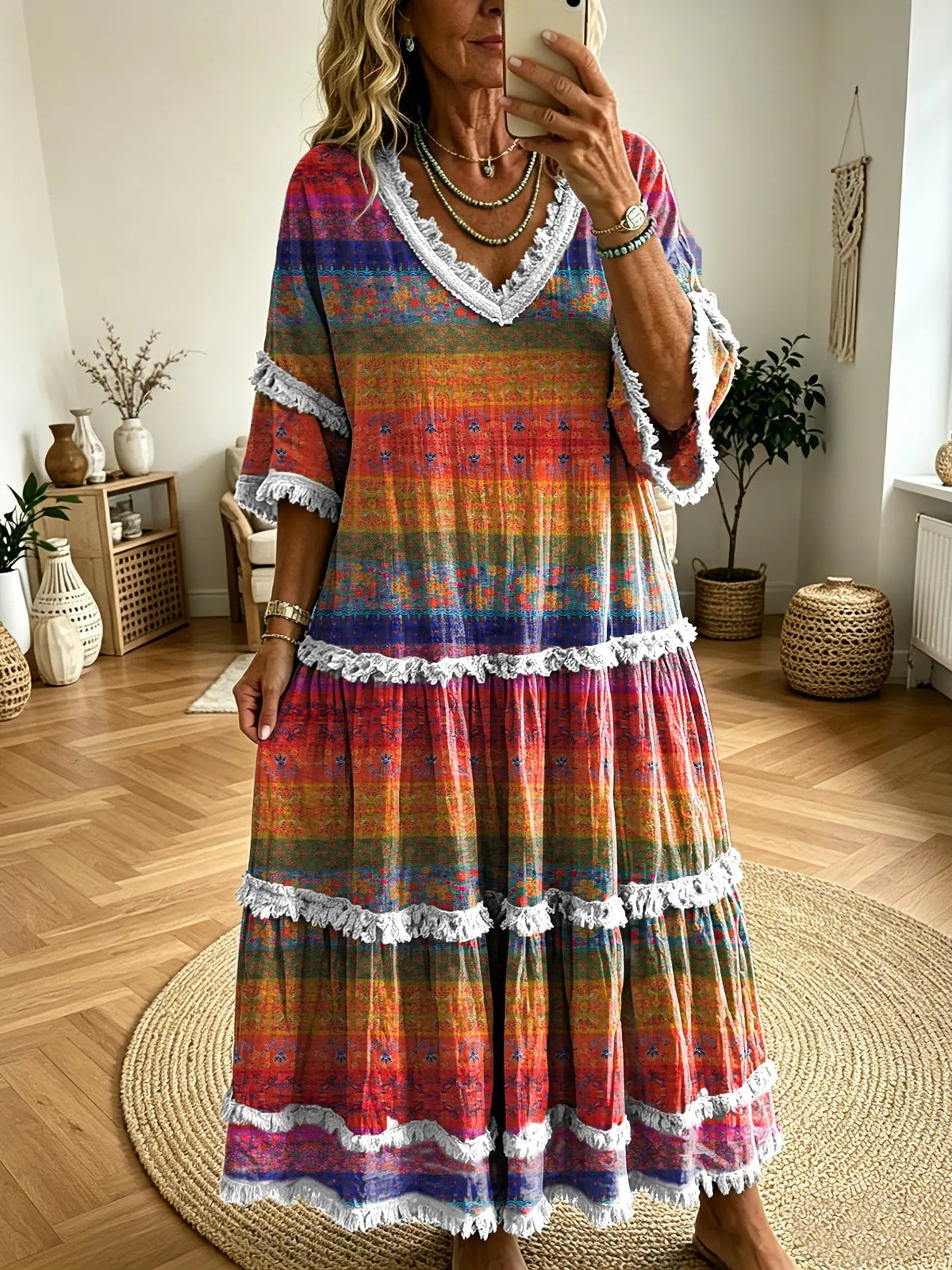 Women's Bohemian Striped Floral Art Print Dress with Tassel Splicing and Casual V-Neck