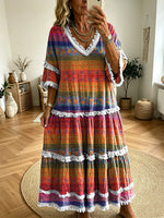 Women's Bohemian Striped Floral Art Print Dress with Tassel Splicing and Casual V-Neck