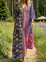 Women's Color Block Floral Paisley Print Maxi Dress