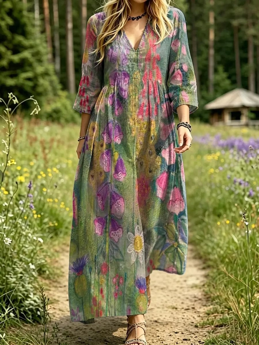 Women's Watercolor Wildflower Print 3/4 Sleeve Maxi Dress
