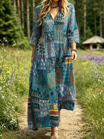 Women's Boho Patchwork Print 3/4 Sleeve Maxi Dress