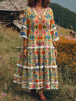 Ethnicity Flowers Geometry Women's Art Print Casual Patchwork V-collar Dress