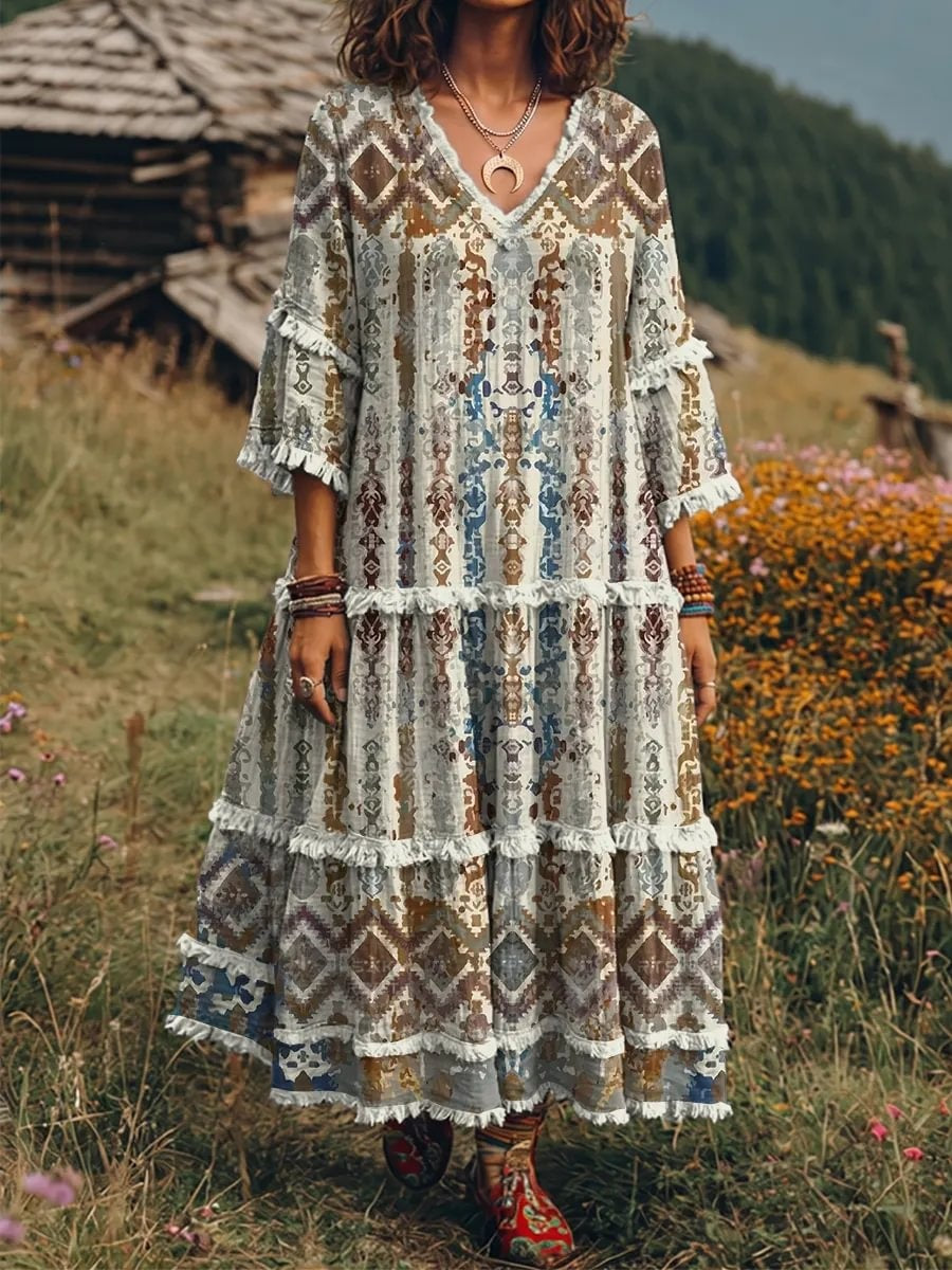Ethnic Geometry Totem Women's Art Print Casual Patchwork V-collar Dress