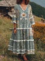 Ethnicity Bohemian Style Flowers Women's Art Print Casual Patchwork V-collar Dress