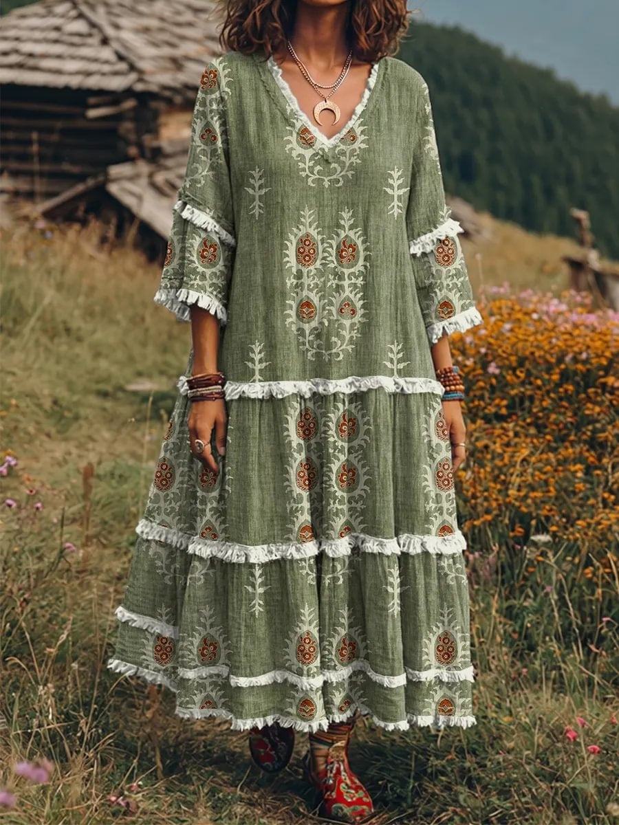 Ethnic Totem Pattern Women's Art Print Casual Patchwork V-collar Dress