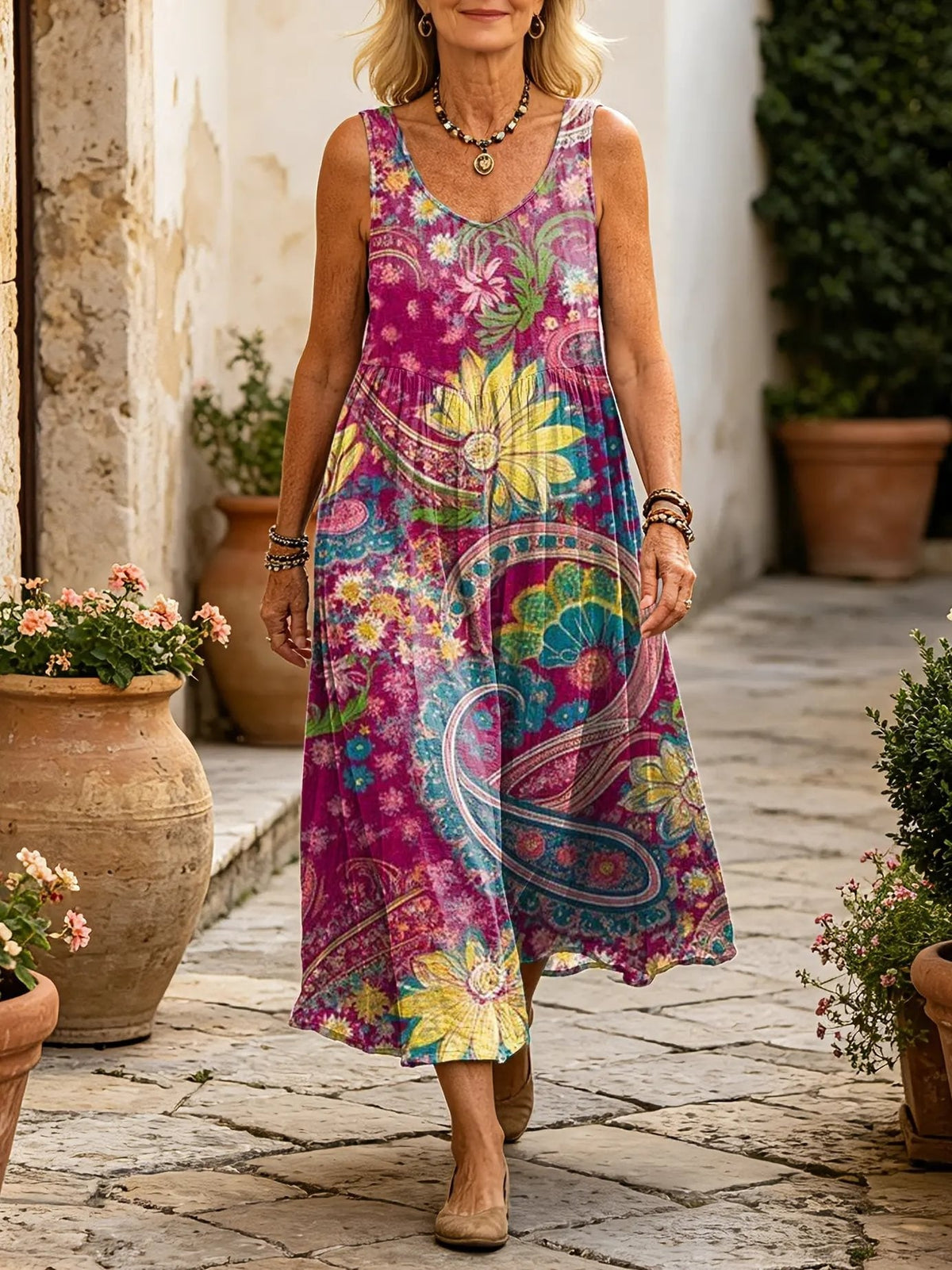 Women's Boho Paisley Floral Print Sleeveless V-Neck Midi Dress