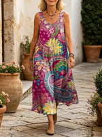 Women's Boho Paisley Floral Print Sleeveless V-Neck Midi Dress