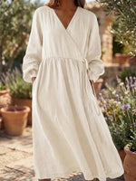 Women's Art Print V-collar Linen And Cotton Dress