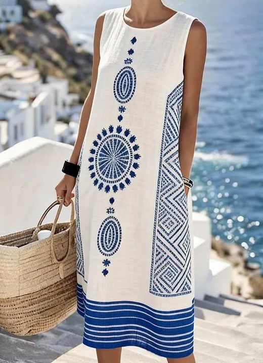 Women'S Round Neck Sleeveless Color-Block Printed Dress