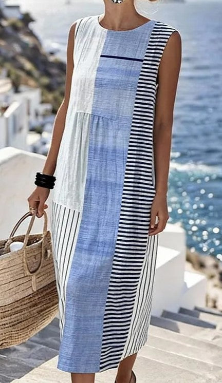 Women'S Round Neck Sleeveless Color-Block Printed Dress