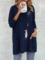 Cartoon Cat Print Pockets Long Sleeve Loose Blouse