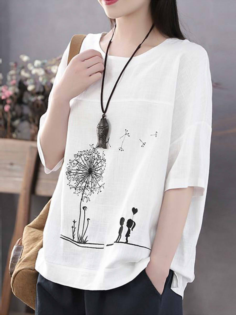Women’s Casual Dandelion Print Round Neck Short Sleeve Blouse
