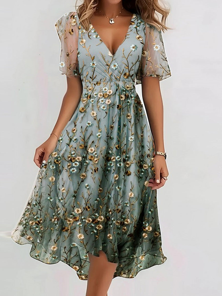Elegant V-neck Floral Print Short Sleeve Dress