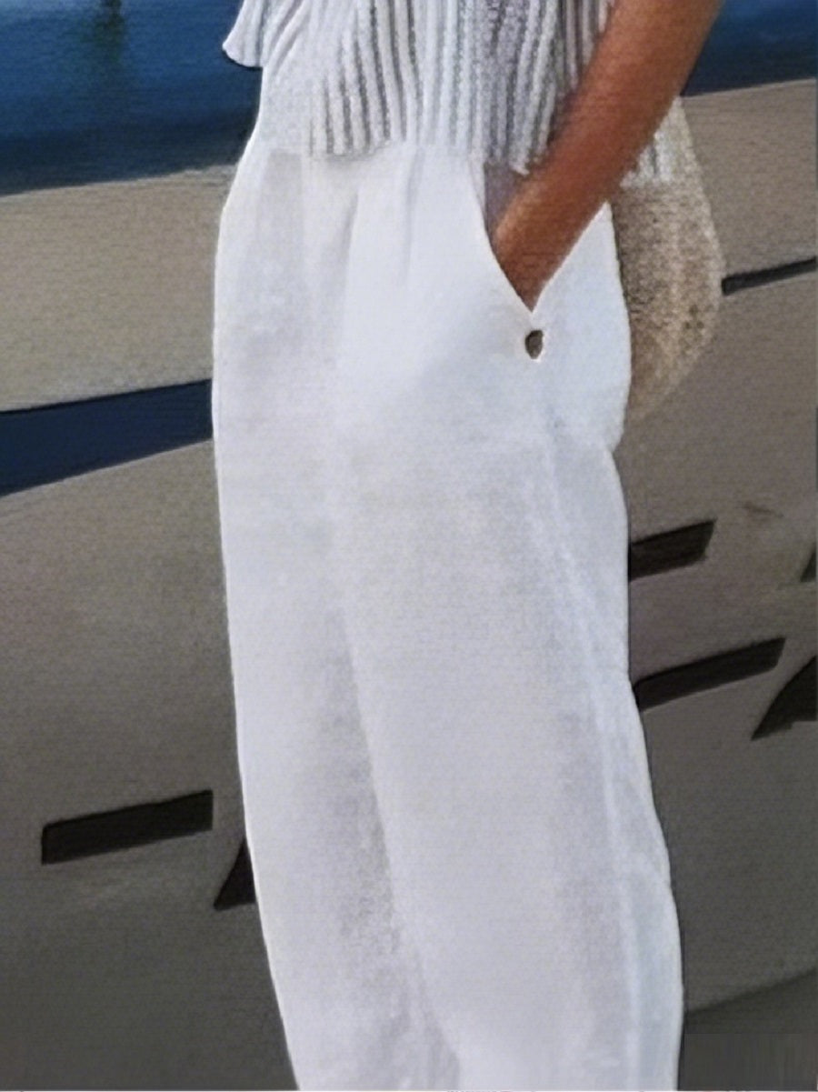 Women's White Cotton Elastic Waist Pants with Pockets