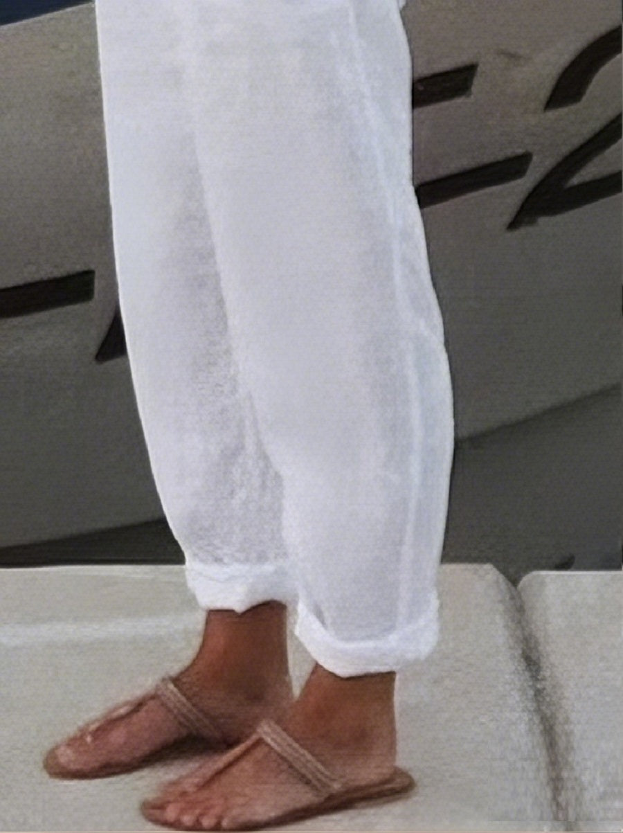 Women's White Cotton Elastic Waist Pants with Pockets