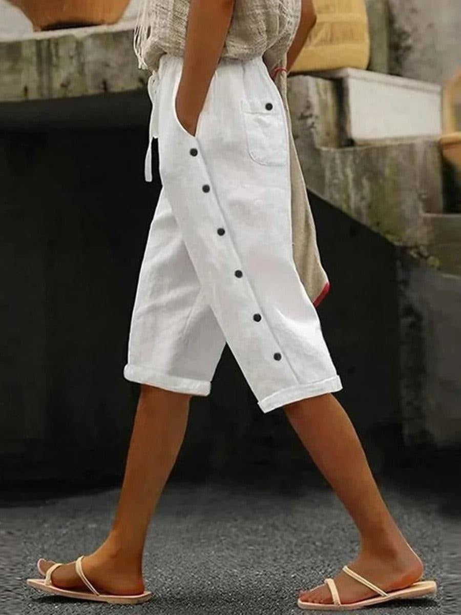 White Casual Cotton Loose Capri Shorts for Women