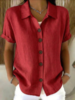 Basic Button Up Linen Cotton Short Sleeve Casual Shirt