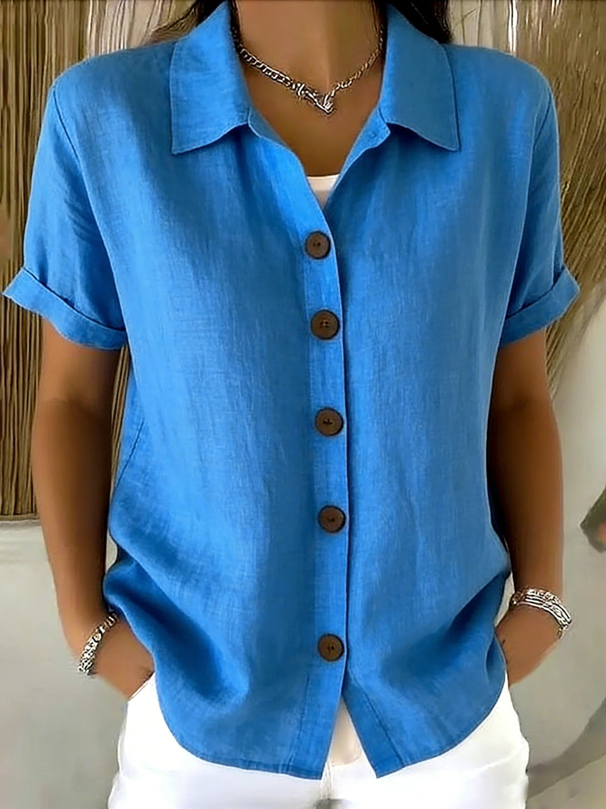 Basic Button Up Linen Cotton Short Sleeve Casual Shirt