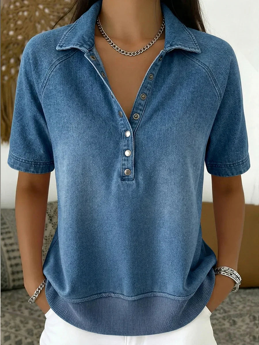 Short-sleeved Polo Collar Denim Pullover Shirt
