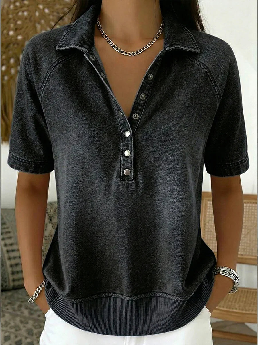 Short-sleeved Polo Collar Denim Pullover Shirt