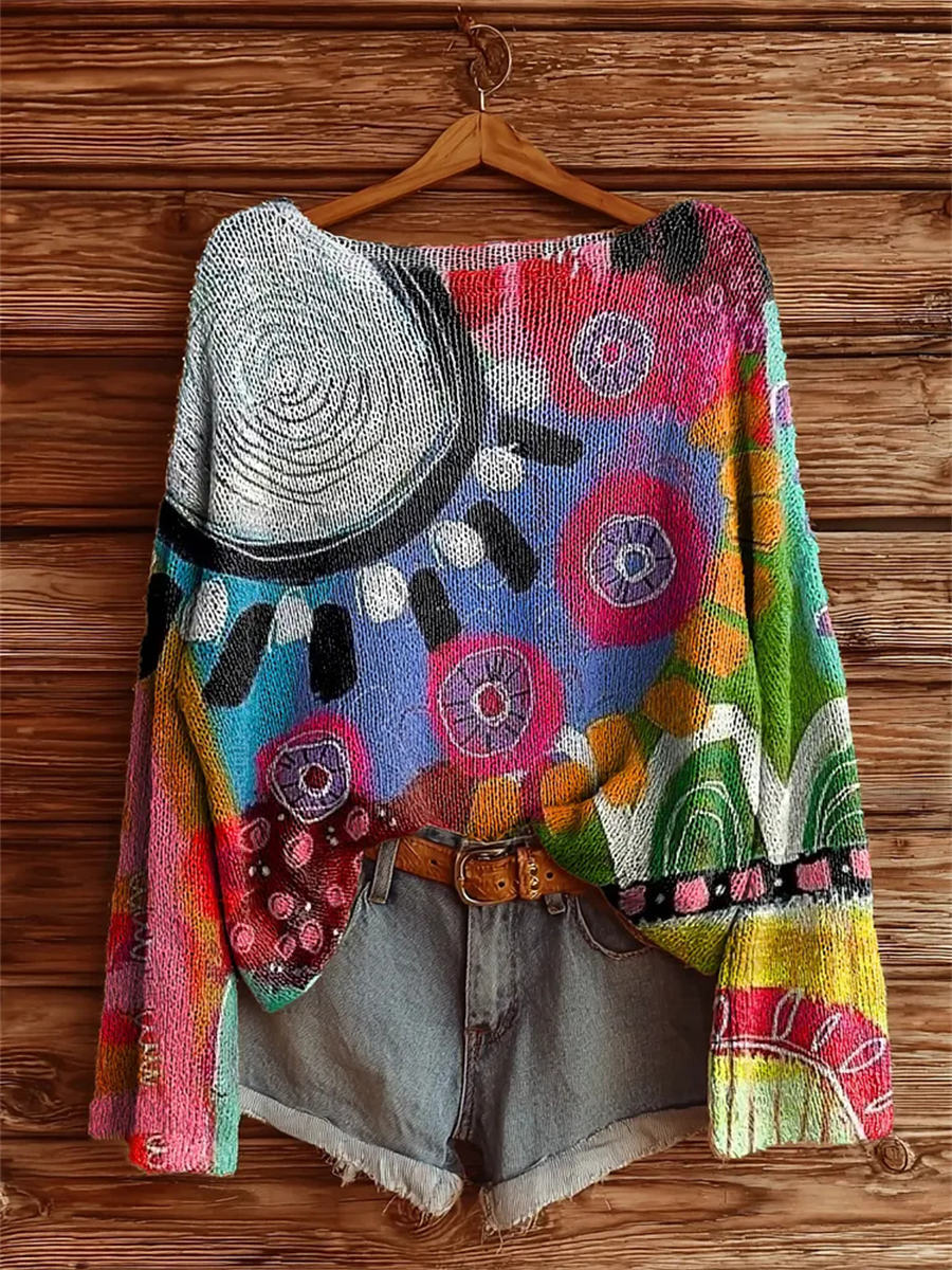 Women's Bohemian Floral Art Print Casual Pullover Sweater