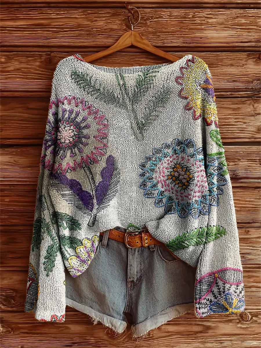 Women's Bohemian Floral Art Print Casual Pullover Sweater