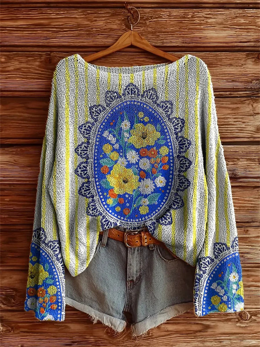 Women's Striped Floral Tattoo Pattern Art Print Casual Pullover Sweater